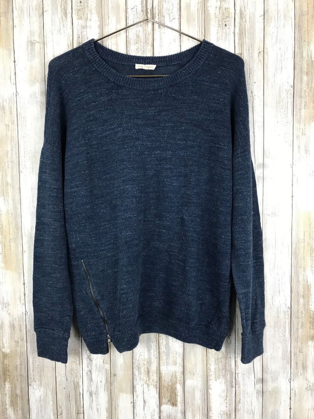 Eileen Fisher Cotton Blue Heathered Sweater Side Zipper Oversized Top S Small